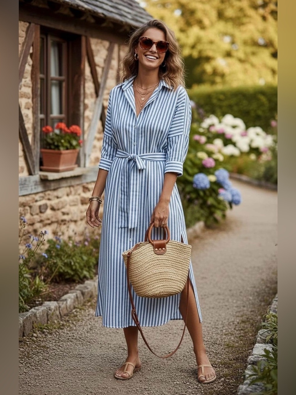 Blue and White Striped Shirt Dress with Tie Waist